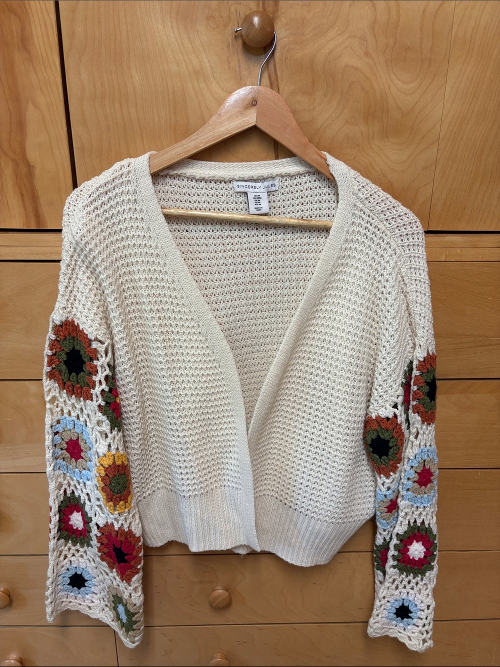 Sincerly Jules Cream Open-Front Knit Cardigan with Multicolor Crochet Sleeves